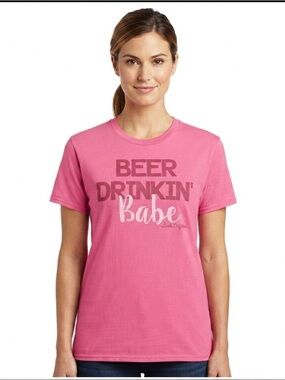 Lincoln Outfitters Beer Drinking Babe Pink Tee Shirt M